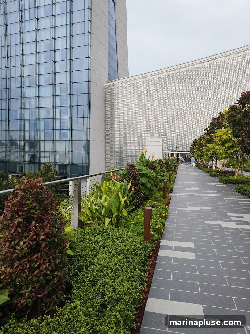 A view of a modern building with a glass facade adjacent to a white perforated facade. A paved walkway lined with lush greenery and trees leads towards the entrance of the building. Several people are visible in the distance walking along the path.