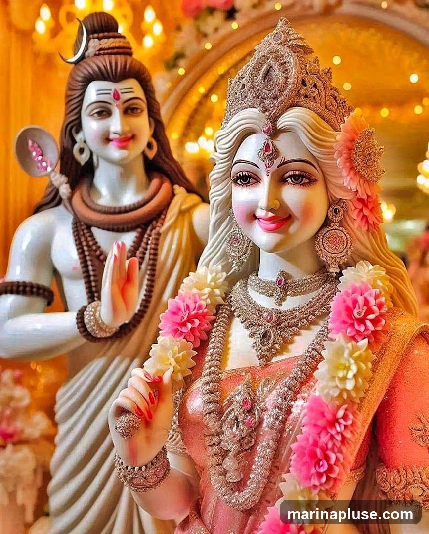 A close-up, vibrant image of statues depicting Hindu deities Shiva and Parvati. Shiva is shown with his characteristic third eye on his forehead and a serene expression, holding a trident. Parvati, adorned with elaborate jewelry and a crown, is smiling and decorated with garlands of pink and white flowers. The background is softly lit with warm, golden lights, creating a divine and celebratory atmosphere.