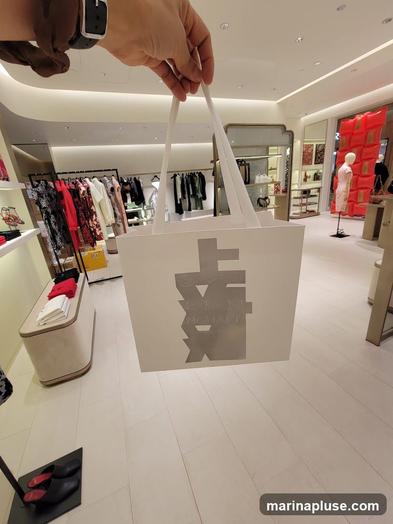 A person holds a white shopping bag with a silver logo in a well-lit store. The store appears to be a boutique selling clothing and accessories. Racks of clothes, display shelves, and mannequins are visible in the background. The logo on the bag features stylized Chinese characters and the text "SHANGHAI TA" and "EST. 1998".
