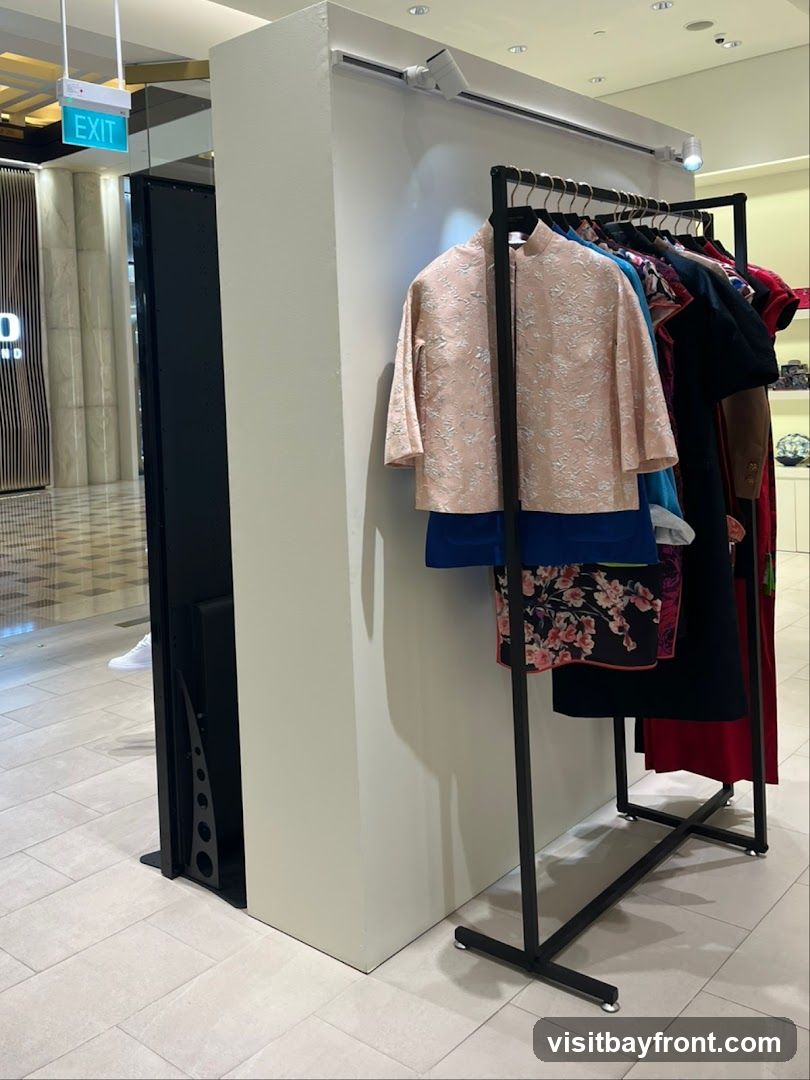 A clothing rack displays several garments, including a light pink patterned jacket, a blue garment, and a skirt with a floral pattern. The rack is positioned in front of a cream-colored partition. In the background, an illuminated 'EXIT' sign is visible, along with a glimpse of a shopping mall interior.