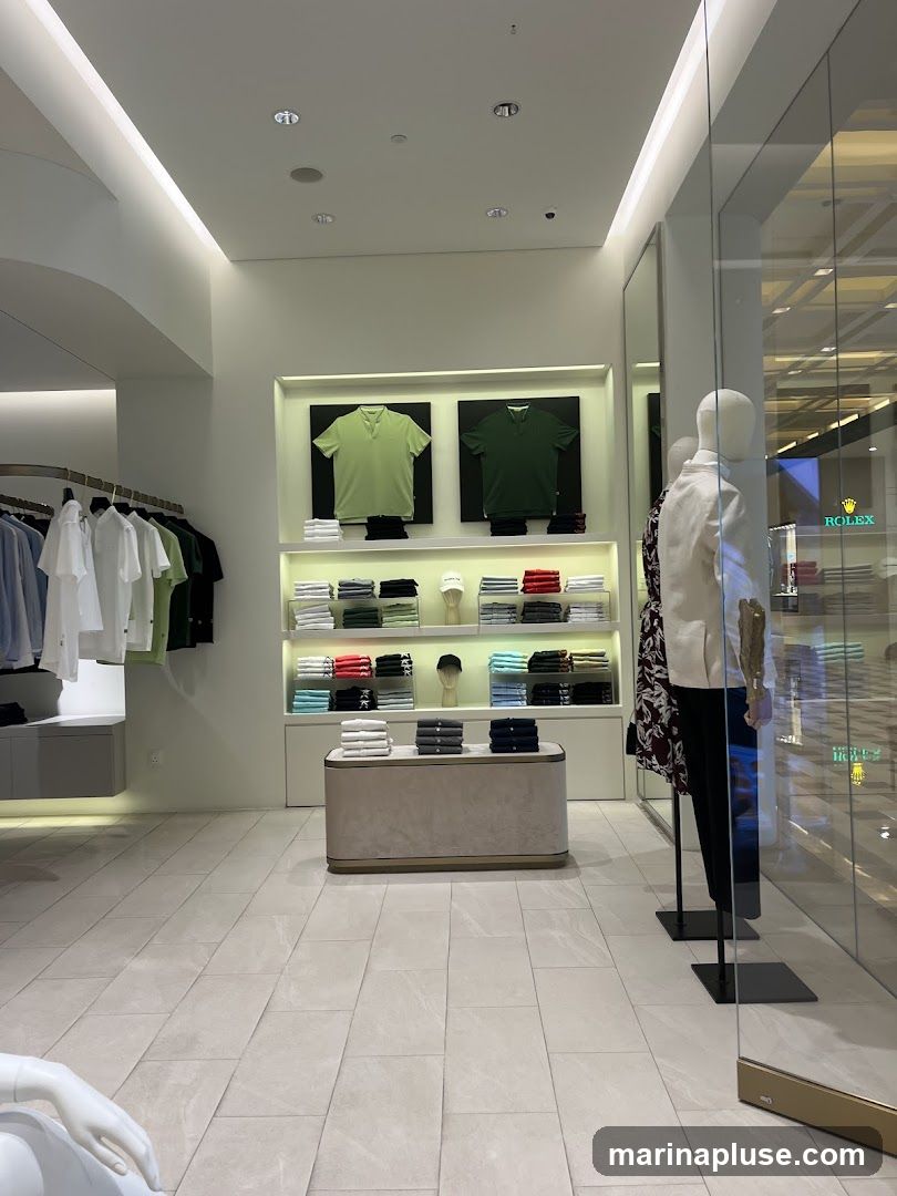 The image shows the interior of a well-lit clothing store. On the left, racks of shirts are displayed. In the center, shelves showcase neatly folded shirts in various colors, with two polo shirts displayed prominently on a shelf above. A mannequin dressed in a white blazer stands on the right, and another mannequin is partially visible. Through the glass storefront, a Rolex sign is visible in the background.