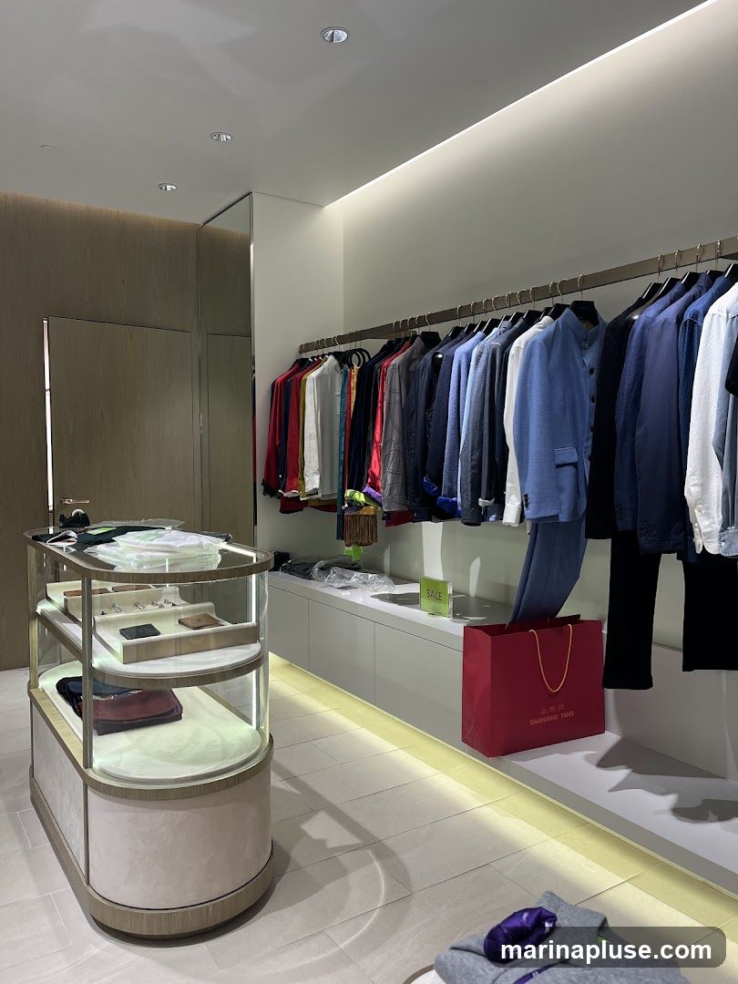 A well-lit interior of a clothing store featuring a display cabinet with accessories and a rack of men's jackets and shirts. A red shopping bag with the logo 'SHANGHAI TANG' is visible on a shelf. A green 'SALE' sign is also displayed.