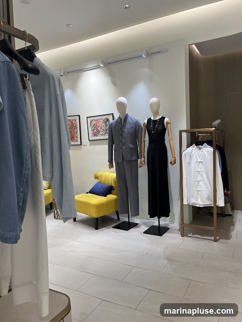 A clothing store interior with mannequins displaying outfits. On the left, a rack of denim and light blue shirts is visible. Two mannequins stand in the center, one in a grey suit and the other in a black dress. Behind them, two framed artworks hang on the wall, and a yellow armchair with a blue cushion is placed. To the right, a wooden rack holds white and dark colored shirts. The floor is tiled with large, light grey tiles.