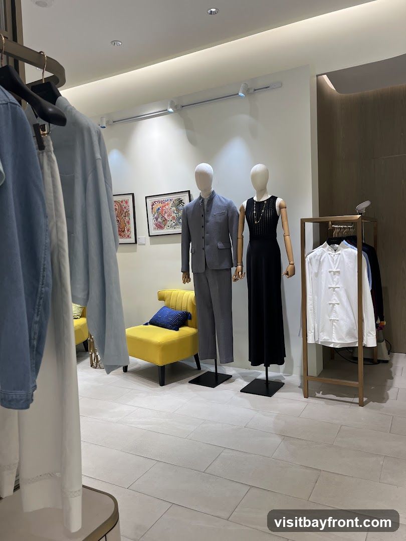 A clothing store interior with mannequins displaying outfits. On the left, a rack of denim and light blue shirts is visible. Two mannequins stand in the center, one in a grey suit and the other in a black dress. Behind them, two framed artworks hang on the wall, and a yellow armchair with a blue cushion is placed. To the right, a wooden rack holds white and dark colored shirts. The floor is tiled with large, light grey tiles.