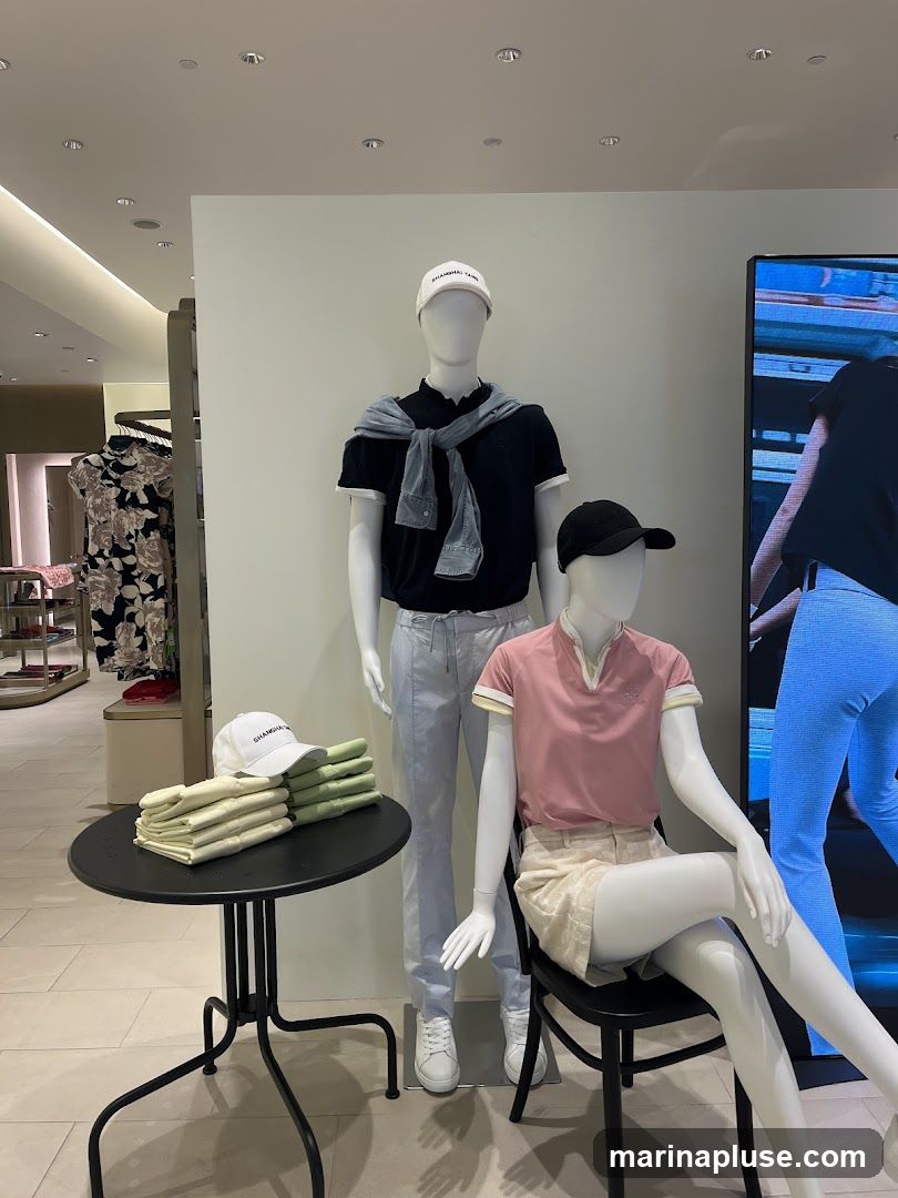 Two mannequins are displayed in a clothing store. The mannequin on the left is wearing a dark blue polo shirt with a light blue sweater tied around its neck and light grey pants. It is also wearing a white baseball cap with text that reads "SHANGHAI TANG". The mannequin on the right is wearing a pink polo shirt with light beige shorts and a black baseball cap. In front of the mannequins, a small black table holds a stack of folded light green and yellow shirts, and a white baseball cap. In the background, clothing racks with patterned garments are visible, along with a large digital screen displaying an image of a person wearing blue pants.