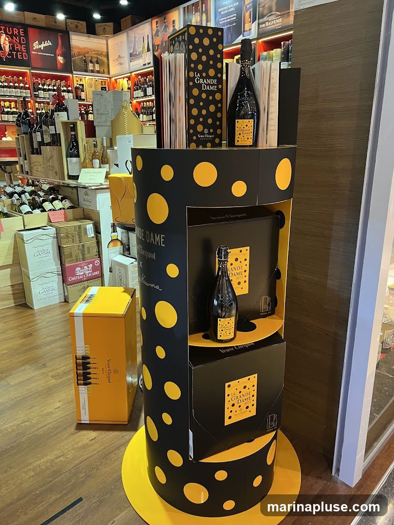 A display stand featuring Veuve Clicquot La Grande Dame champagne. The stand is black with yellow polka dots and showcases several bottles and gift boxes of the champagne. In the background, shelves are stocked with various bottles of wine and spirits.
