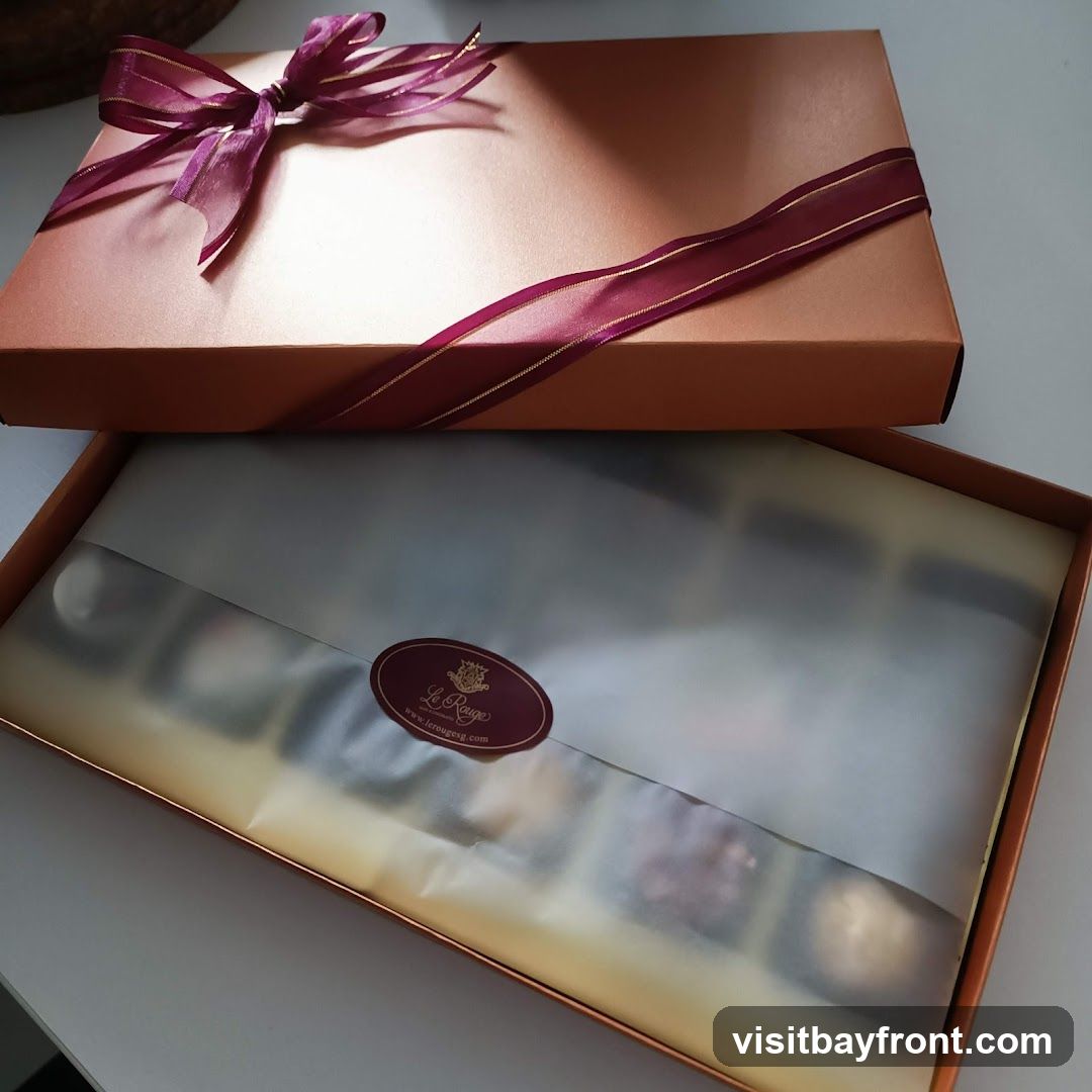 An open box of chocolates, tied with a burgundy ribbon. The box is copper-colored and contains an assortment of chocolates covered in white tissue paper. A sticker with the logo "Le Rouge" and website "www.lerougesg.com" is visible on the tissue paper.