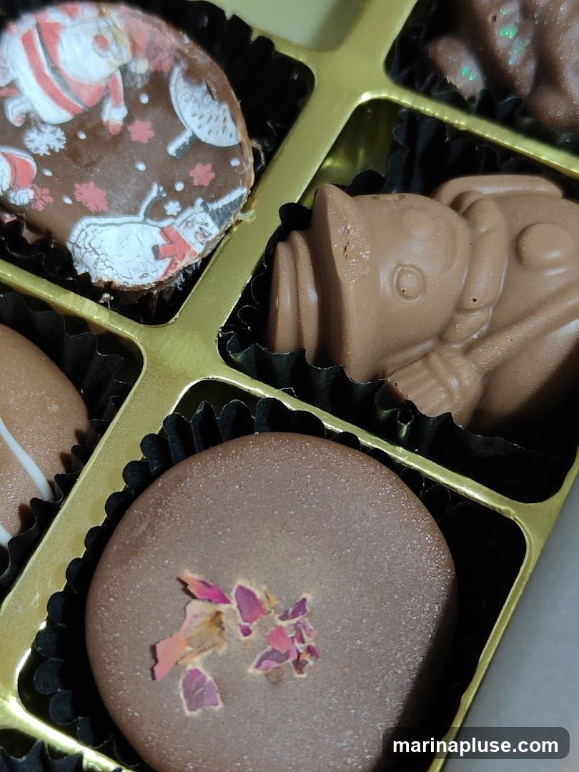 A close-up view of a box of assorted chocolates. One chocolate is decorated with a Santa Claus and snowman pattern. Another chocolate is shaped like a figure, possibly an animal. A third chocolate is round and topped with dried rose petals. The chocolates are arranged in a gold box with black paper liners.