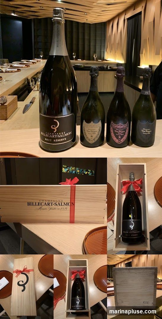 A collage of images featuring several bottles of champagne, including a large format Billecart-Salmon Brut Reserve, and Dom Pérignon. Several wooden presentation boxes for Billecart-Salmon champagne are also shown, some with bottles inside and tied with red ribbon. The background suggests an upscale dining or bar setting with a wooden slatted ceiling and a counter.