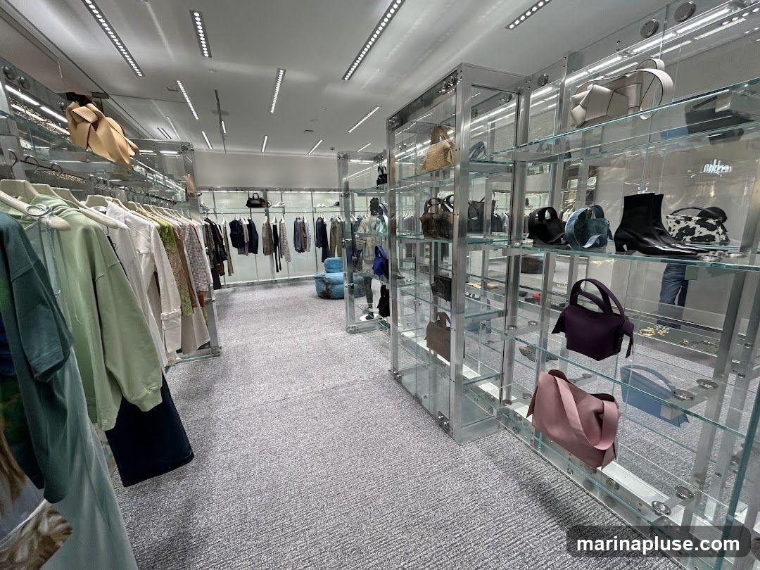 A well-lit, modern retail space with clothing racks on the left and glass display shelves on the right showcasing handbags and shoes. The floor is carpeted, and the ceiling features linear lighting.
