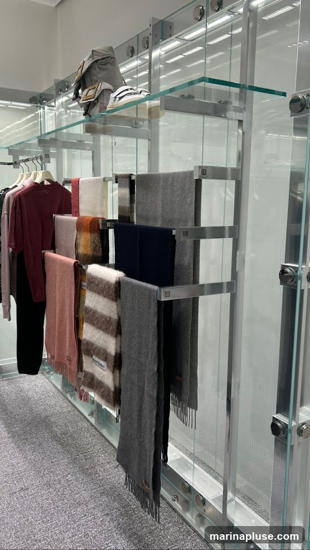 A retail display featuring various scarves and clothing items. The scarves are neatly arranged on metal racks against a backdrop of glass shelves and white walls. Some of the scarves have visible tags, including one that reads 'Acne Studios'. A backpack and a pair of shoes are displayed on a higher shelf. The flooring is a textured grey carpet.