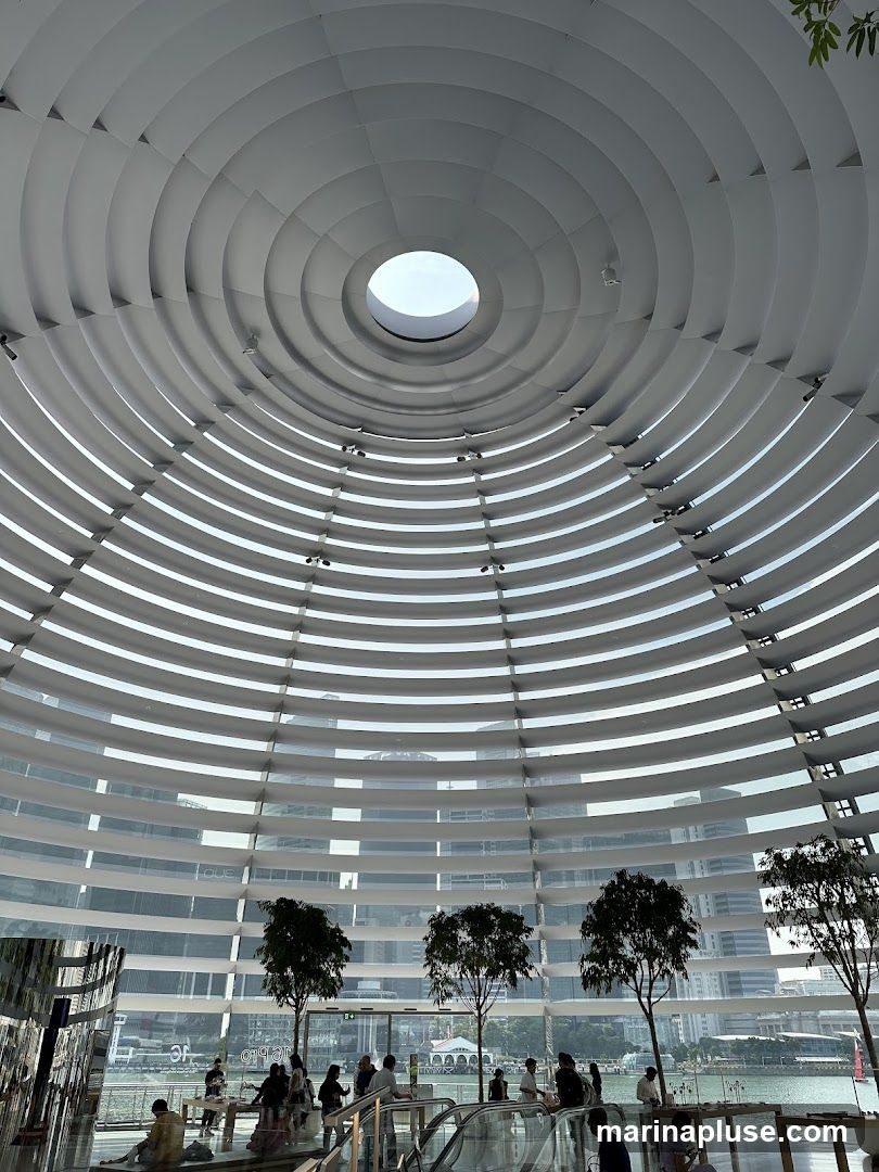 An interior view of a modern building with a distinctive circular, layered ceiling that opens to a skylight. Below, people are seen mingling, with escalators and trees adding to the scene. Large glass windows offer a view of a waterfront and city skyline in the background.