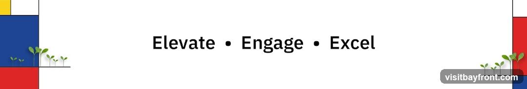 The image features the words "Elevate • Engage • Excel" in black text against a white background. On the left and right sides of the image, there are abstract geometric shapes in red, blue, and yellow, reminiscent of Piet Mondrian's style. Small green sprouts are depicted growing along a thin black line at the bottom of these colored sections.