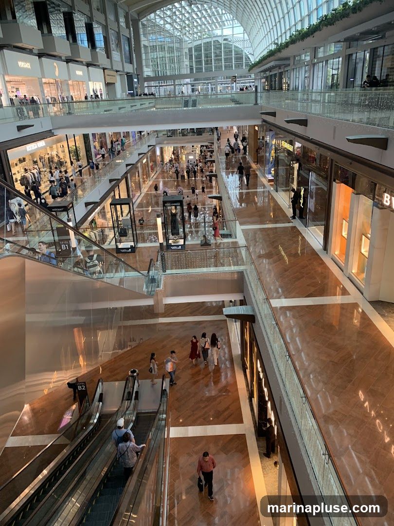 A wide shot of the interior of a modern, multi-level shopping mall. The architecture features a large, arched glass ceiling that allows natural light to flood the space. Escalators and walkways connect different levels, and numerous retail stores with illuminated storefronts line the corridors. People are seen browsing, walking, and using the escalators. The floors are polished wood, reflecting the lights and architecture.