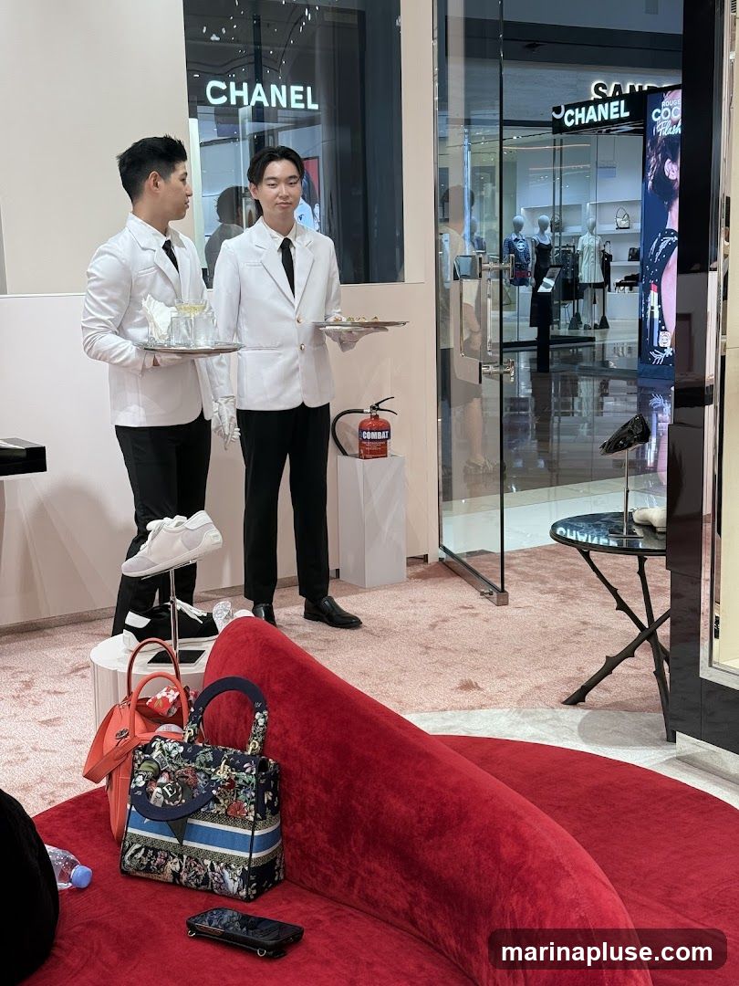 Two staff members in white jackets and black ties stand in a store, holding trays. One tray has glasses of liquid, and the other has small food items. A red fire extinguisher is visible behind them. In the foreground, a red sofa is adorned with handbags and a phone. Through the glass doors, the Chanel store signage and mannequins displaying clothing are visible.