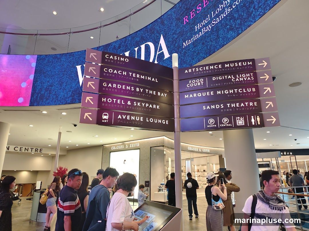 A directory sign in a large indoor space, likely a mall or hotel lobby, with multiple purple directional signs pointing to various attractions and facilities. The signs include destinations like