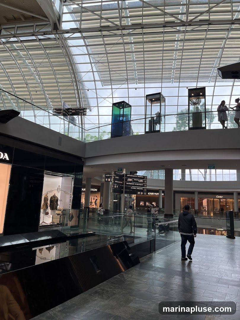 The image shows the interior of a large, modern shopping mall with a high, arched glass ceiling. Several shops are visible, including Prada, Louis Vuitton, and Cartier. People are walking around the mall, and there are display cases with merchandise. Signage indicates various destinations within the mall, such as the Science Museum and Sands Theatre.