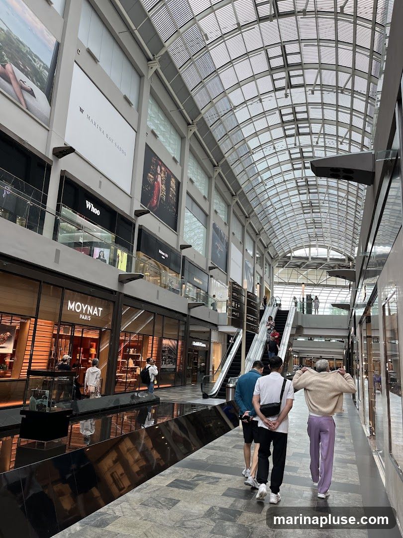 An interior view of a modern shopping mall with a glass ceiling. Shops are visible on either side of a walkway, with escalators in the background. Several people are walking through the mall. One shop prominently displays the name "MOYNAT PARIS". Large advertisements are mounted on the walls above the shops, including one for "MARINA BAY SANDS".