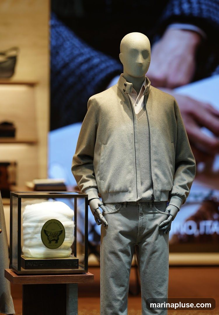 A mannequin is dressed in a light-colored bomber jacket, a V-neck sweater, a collared shirt, and jeans. To the left of the mannequin, a glass display case contains a roll of white material with a circular emblem on it. The background shows shelves with merchandise and a large blurred image of hands.