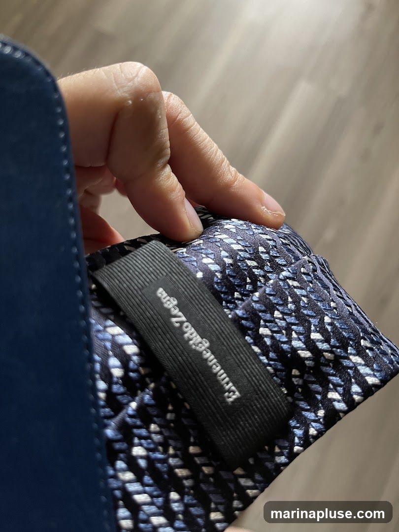 A close-up shot of a hand holding a dark blue tie with a textured pattern of light blue and white. A black label with the brand name "Ermenegildo Zegna" is attached to the tie.