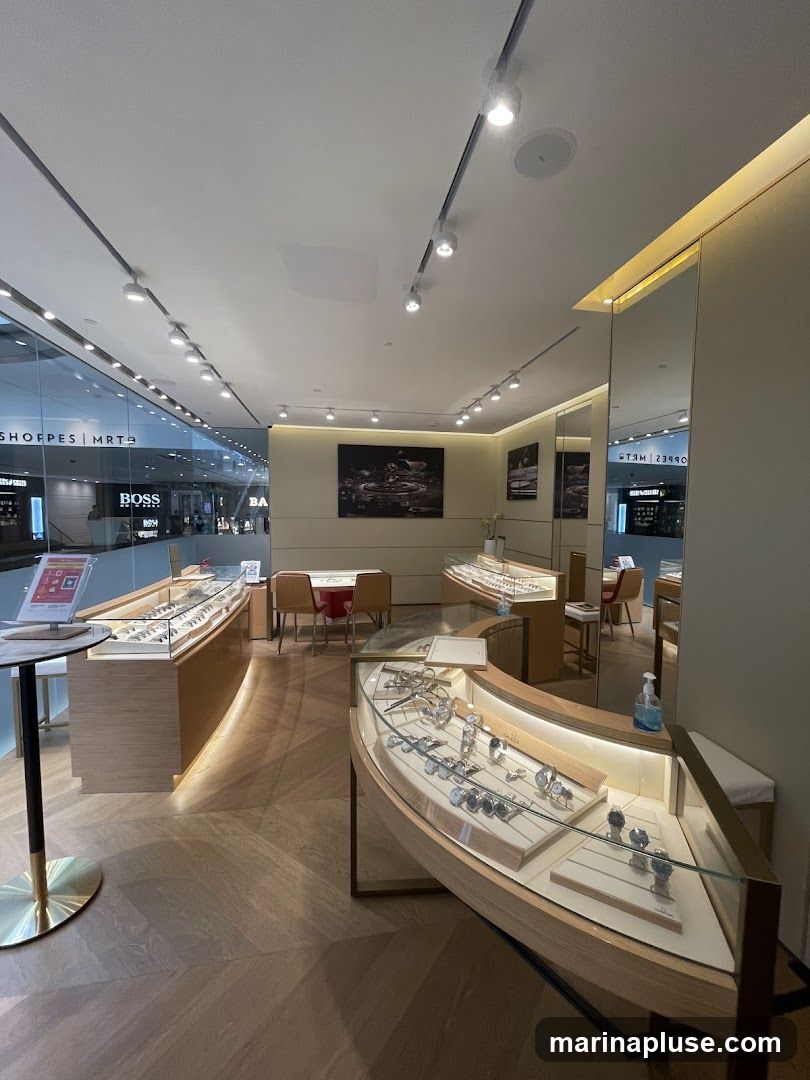 The interior of a modern jewelry store with display cases filled with watches and other accessories. The store features wooden floors, track lighting, and mirrors. In the background, through a glass partition, other shops are visible, including one with a BOSS logo.