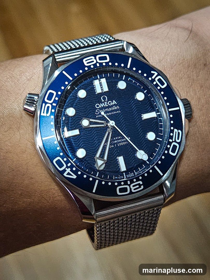 A close-up shot of an Omega Seamaster Professional watch on a person's wrist. The watch has a blue dial with wave patterns and a blue rotating bezel with white markers. The watch band is a metallic mesh.