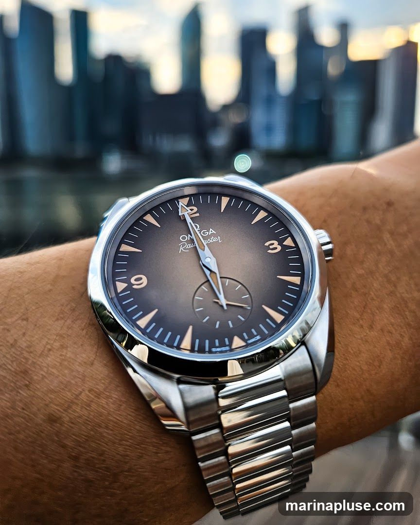 A close-up shot of an Omega watch on a person's wrist. The watch has a brown dial with silver hands and hour markers. The background is blurred, showing a cityscape with tall buildings and a body of water.