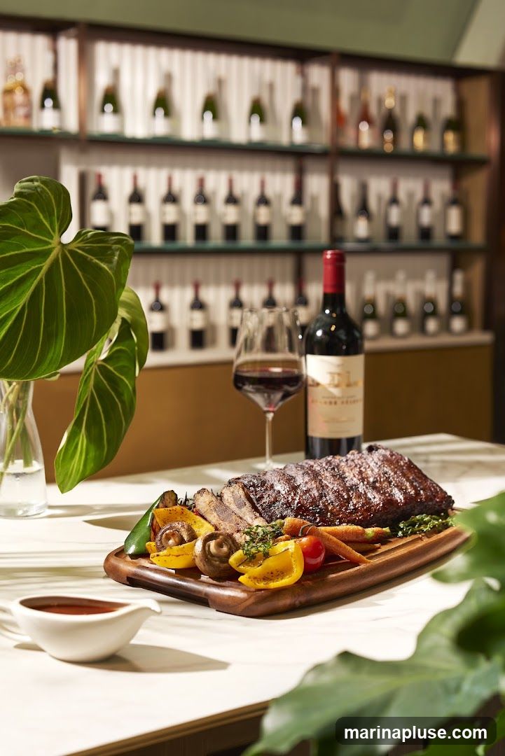 A platter of roasted ribs is served with grilled vegetables including bell peppers, carrots, and mushrooms. A glass of red wine and a bottle of wine are on the table, along with a small dish of sauce. The background features shelves stocked with wine bottles.