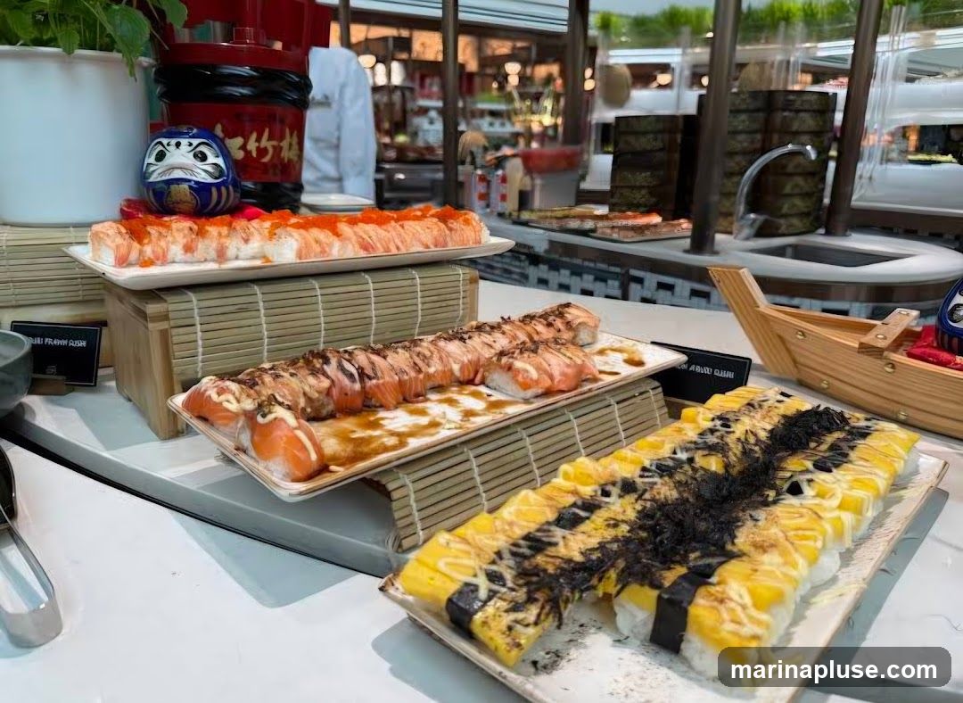 A close-up view of a sushi buffet with several platters of sushi rolls. In the foreground, a platter of yellow and black topped sushi is visible. Behind it, a platter of salmon sushi with a drizzle of sauce and mayonnaise is displayed. Further back, a platter of sushi rolls topped with orange roe is presented. A decorative Daruma doll and a Japanese-style container are placed on a bamboo mat behind the sushi. In the background, a chef in a white uniform is visible, along with other buffet items and decor.