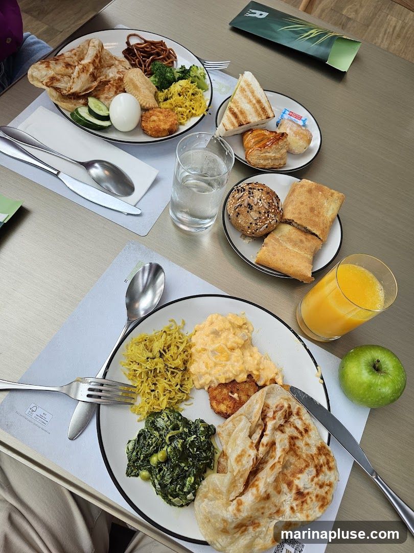 A table laid out with various breakfast items, including roti, scrambled eggs, rice, spinach, a hard-boiled egg, cucumber slices, fried chicken, noodles, broccoli, a sandwich, pastries, bread rolls, and a glass of orange juice. A green apple is also visible.