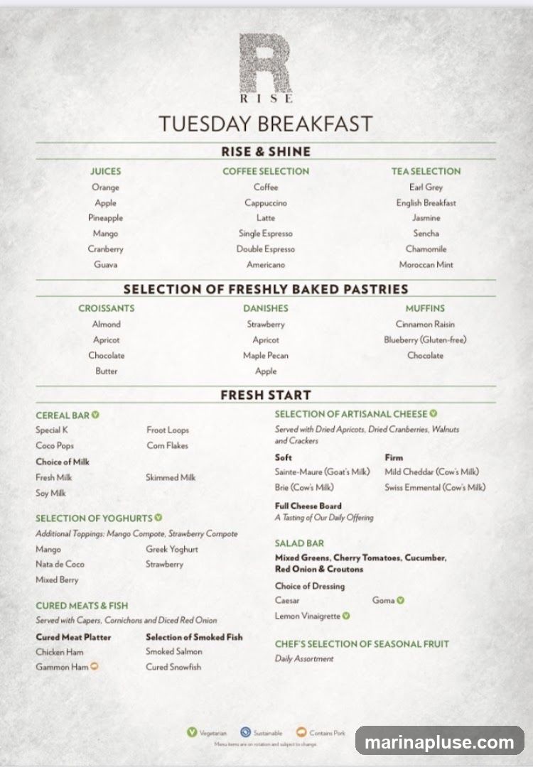 A breakfast menu with sections for juices, coffee, tea, freshly baked pastries, cereal, yoghurts, cured meats and fish, artisanal cheese, salad bar, and seasonal fruit.