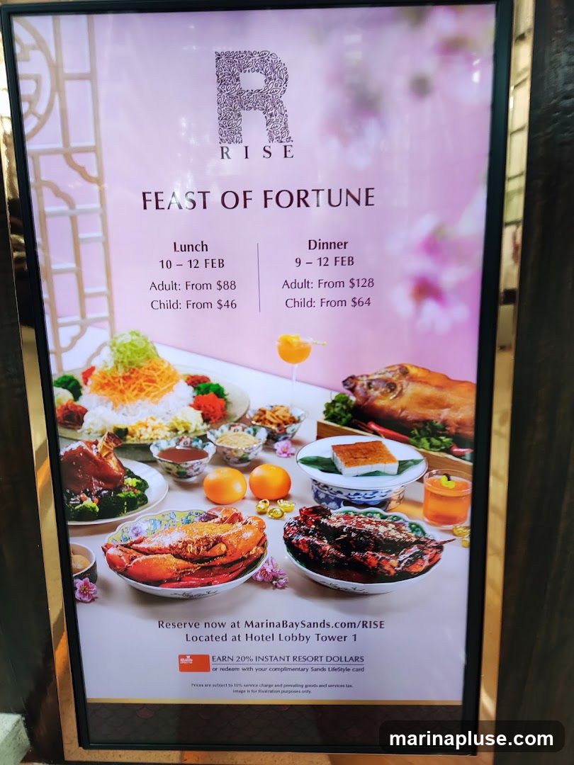 A promotional menu for "Feast of Fortune" at RISE, located at Hotel Lobby Tower 1, Marina Bay Sands. It details pricing for lunch and dinner from February 10-12 and February 9-12 respectively.