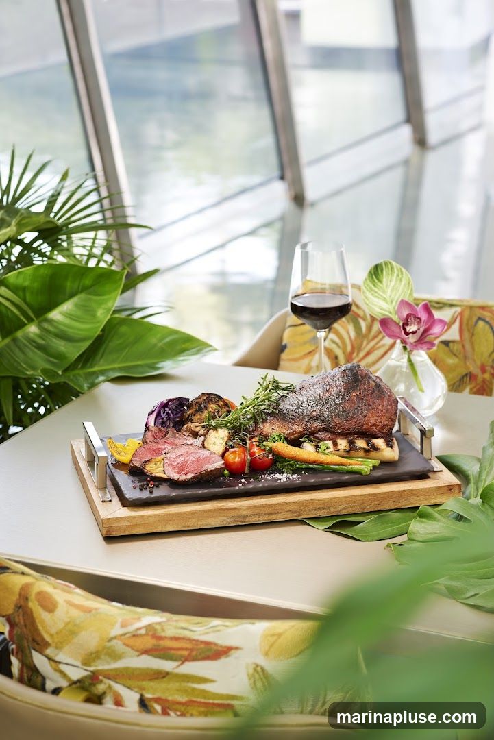 A platter of sliced roast beef, grilled vegetables, and herbs is served on a stone slab with a wooden base. A glass of red wine sits nearby, along with a small vase holding an orchid and a decorative leaf. The setting appears to be a restaurant with large windows and lush greenery.