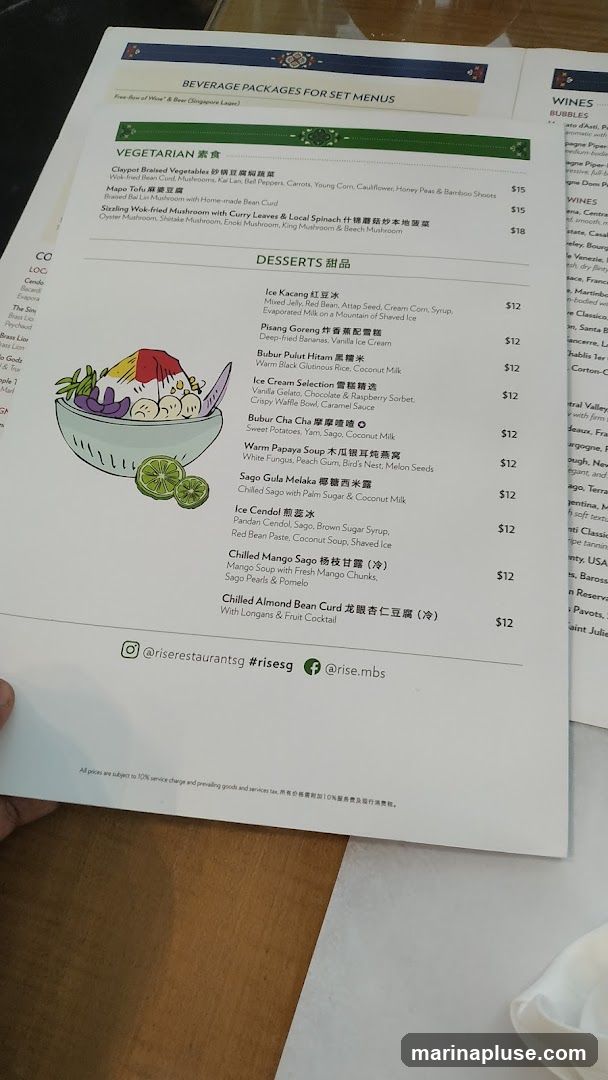 Menu with sections for Vegetarian dishes and Desserts.