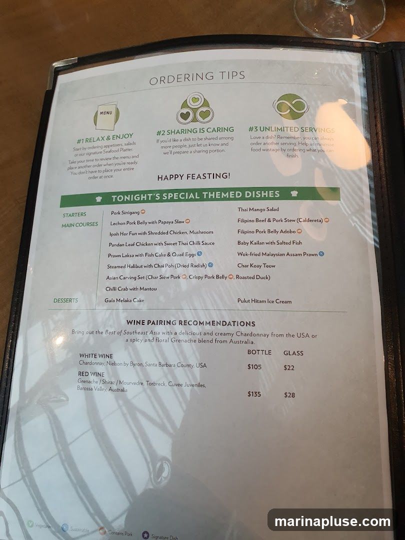 Tonight's special themed dishes and wine pairing recommendations.