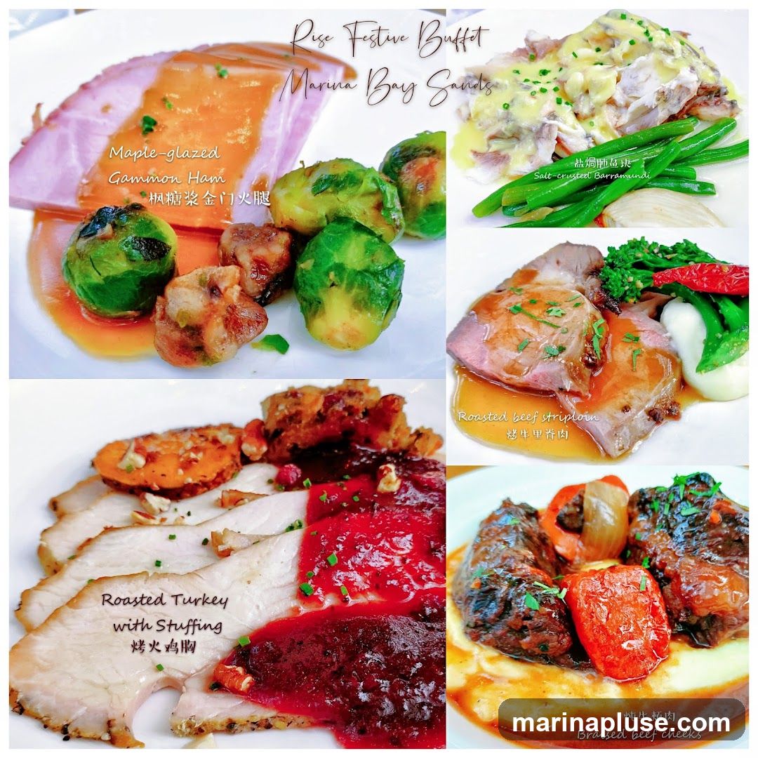 A collage of festive buffet dishes including Maple-glazed Gammon Ham, Roasted Turkey with Stuffing, Salt-crusted Barramundi, Roasted beef striploin, and Braised beef cheeks. The text indicates this is from a Festive Buffet at Marina Bay Sands.