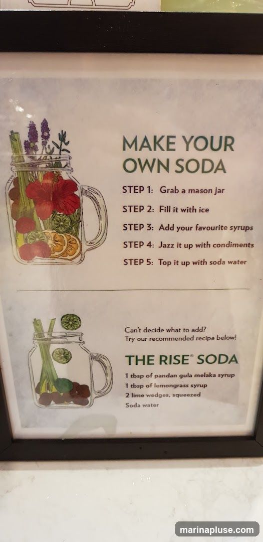 A framed sign with instructions on how to make your own soda. It includes a general five-step process and a specific recipe for 'The Rise Soda' with ingredients like pandan gula melaka syrup, lemongrass syrup, lime wedges, and soda water.
