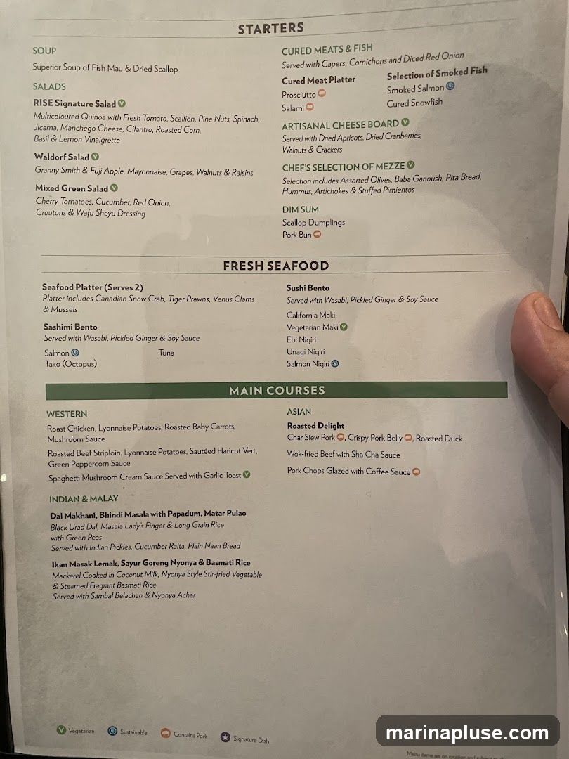 Menu featuring starters, fresh seafood, and main courses with Western, Indian & Malay, and Asian sections.