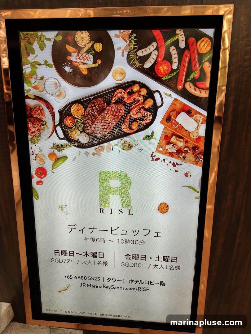 A digital advertisement for the RISE Dinner Buffet, featuring images of grilled meats, seafood, sausages, and cheese platters. The text indicates the buffet is available from 6 PM to 10:30 PM. Prices are listed as SGD72++ for Sunday to Thursday and SGD80++ for Friday and Saturday, per adult. Contact information and a website are also provided.
