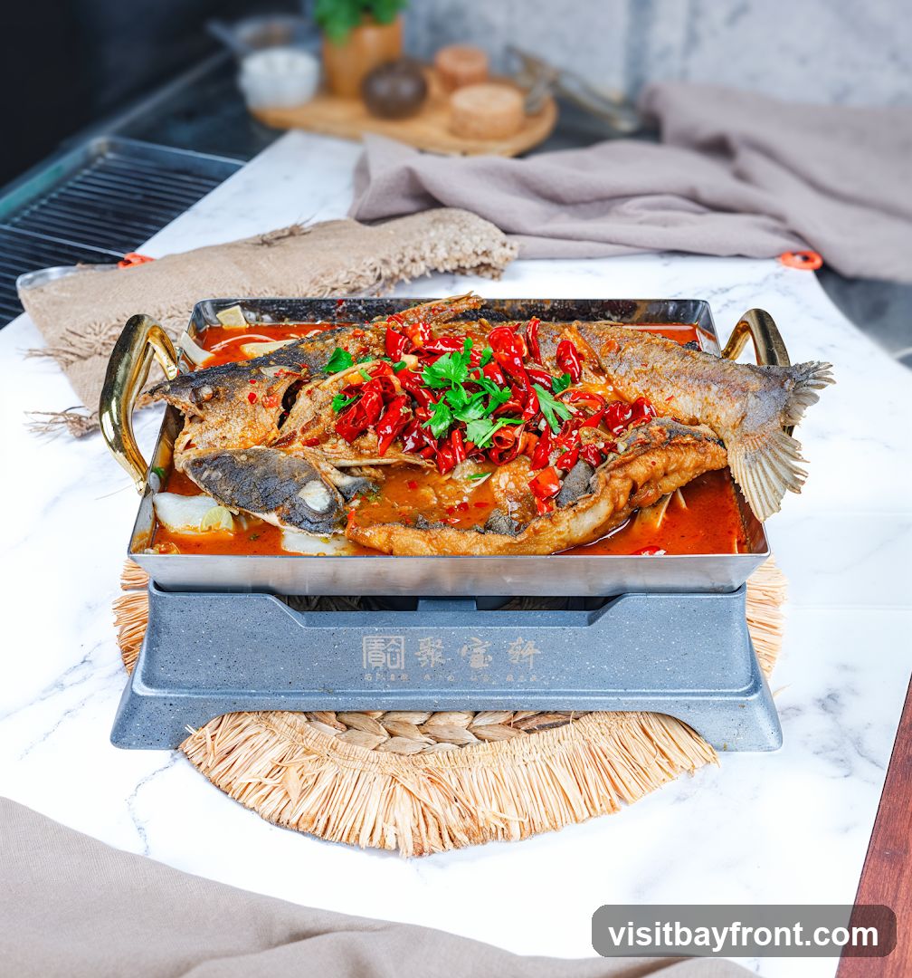 A whole fish, braised in a spicy red sauce and topped with dried chili peppers and fresh parsley, is served in a rectangular metal dish with gold handles. The dish is placed on a grey heating stand with Chinese characters inscribed on it, which rests on a woven placemat. The background shows a marble countertop with some decorative items and fabric.