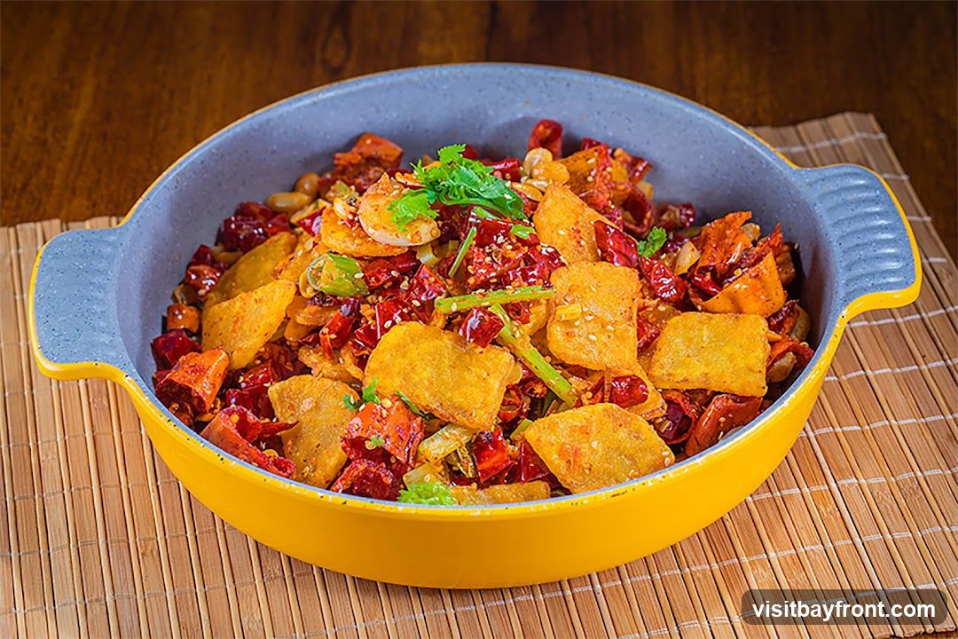 A close-up shot of a vibrant and spicy stir-fried dish served in a yellow and gray bowl. The dish contains numerous pieces of fried tofu or potato, mixed with dried chili peppers, peanuts, and garnished with fresh cilantro and sesame seeds. The food is presented on a bamboo placemat against a wooden background.