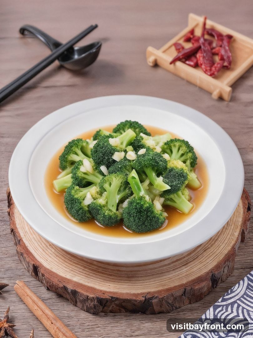 A white plate of steamed broccoli florets with minced garlic and a light sauce, served on a wooden table. Chopsticks and a spoon rest on the table, along with a small dish of dried chili peppers and a cinnamon stick.
