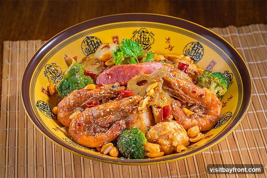 A close-up shot of a flavorful dish served in a decorative yellow bowl. The dish features large, succulent shrimp, florets of broccoli, slices of lotus root, peanuts, and what appears to be a slice of sausage or meat. The ingredients are coated in a rich, spicy sauce, garnished with chili peppers and fresh herbs. The bowl itself has intricate patterns and Chinese characters around its rim. The dish is presented on a bamboo placemat, suggesting an Asian culinary theme.