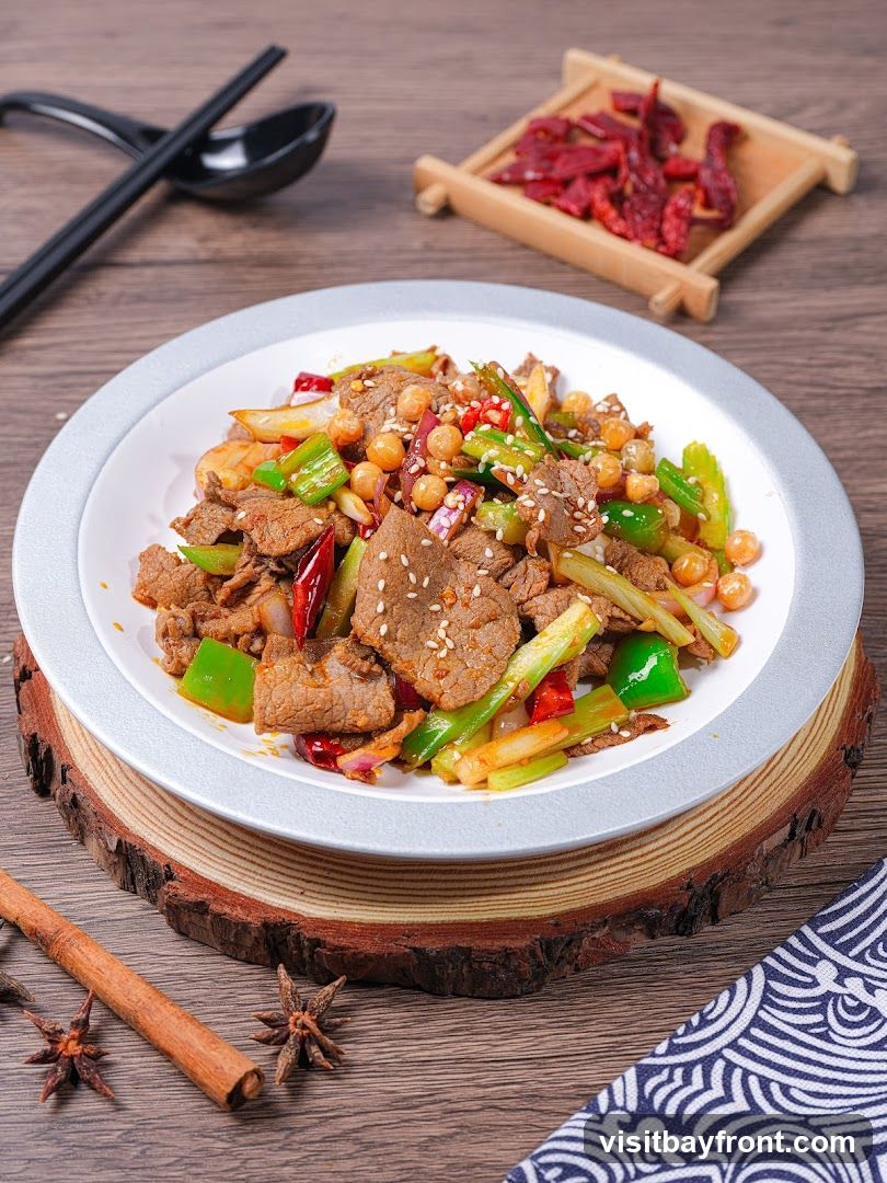 A plate of stir-fried beef with green peppers, chickpeas, and red chilies, garnished with sesame seeds. Served with chopsticks and a small dish of dried chilies on a wooden table.