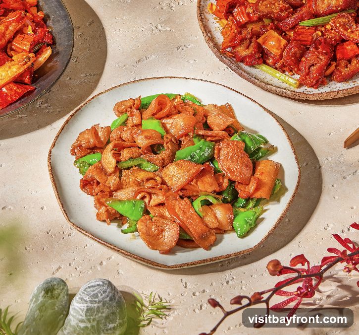 A close-up shot of a plate of stir-fried pork with green peppers, presented on a textured surface. The dish features thinly sliced pork belly and vibrant green chili peppers, stir-fried to a savory finish. In the background, another dish with red chili peppers and meat is partially visible. Decorative elements like pebbles and a sprig of red flowers add to the aesthetic presentation.