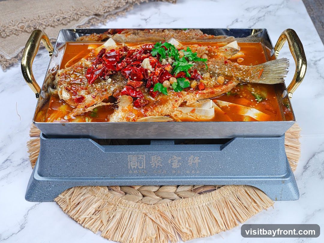 A whole fish, braised in a spicy red broth, is served in a metal pan with golden handles. The fish is topped with dried chili peppers, cilantro, and sesame seeds. Slices of tofu are visible beneath the fish in the broth. The pan rests on a grey heating element with Chinese characters, which is placed on a woven mat.