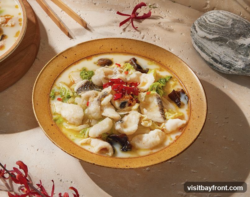 A close-up shot of a bowl of fish soup with white fish fillets, cabbage, mushrooms, and chili peppers. The soup is in a rustic yellow bowl with a textured rim. The background is a light-colored, textured surface with shadows and a decorative stone and red flower.