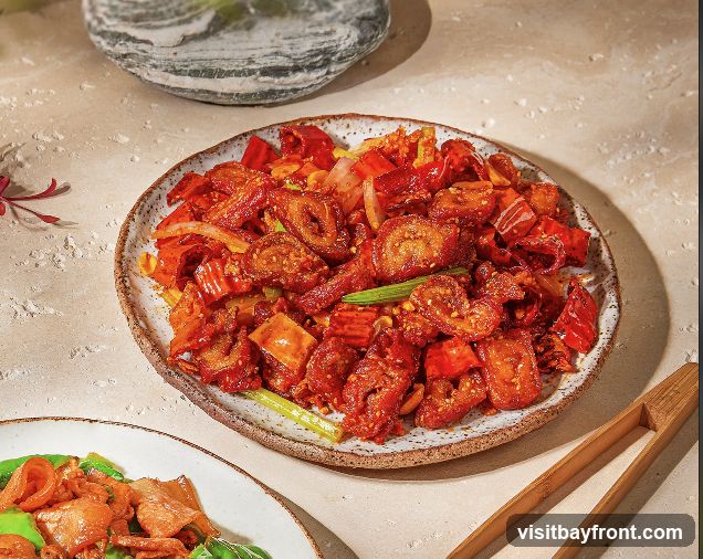 A close-up shot of a plate of stir-fried food, featuring what appears to be intestines or similar meat, mixed with numerous dried red chilies, onions, and green scallions. The dish is presented on a rustic, speckled plate. Another plate with a different dish, containing green peppers and meat, is partially visible in the foreground. A decorative stone and bamboo tongs are also in the frame.