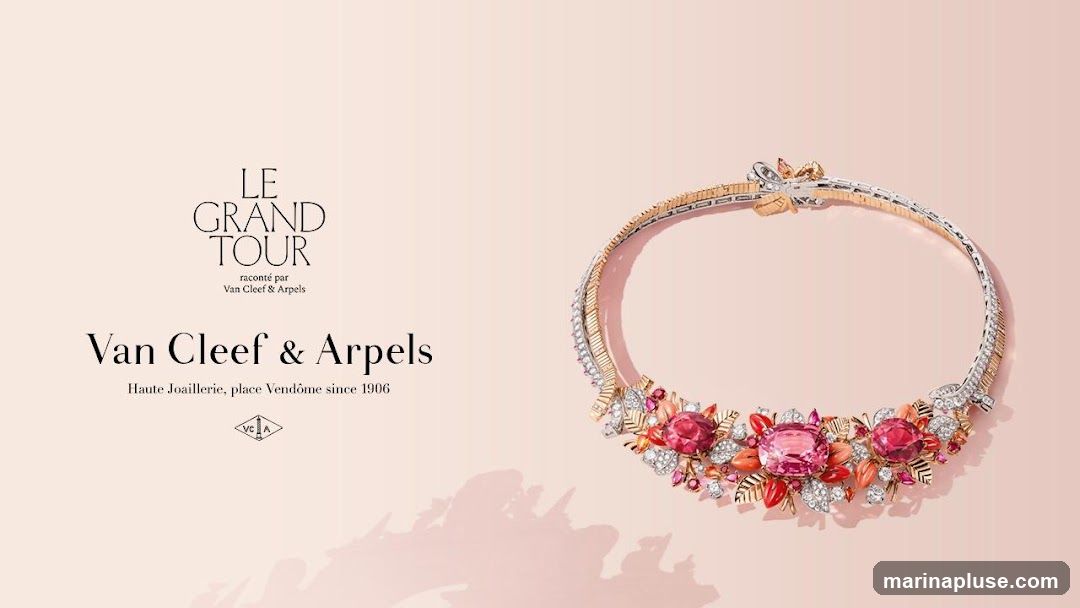 An advertisement for Van Cleef & Arpels featuring their "Le Grand Tour" collection. The text on the left reads "LE GRAND TOUR raconté par Van Cleef & Arpels" and "Van Cleef & Arpels Haute Joaillerie, place Vendôme since 1906". A diamond-shaped logo with "VC A" is also visible. The right side of the image displays a close-up of an ornate necklace adorned with pink and red gemstones, diamonds, and coral-like elements, set in gold and silver. The background is a soft, gradient pink.