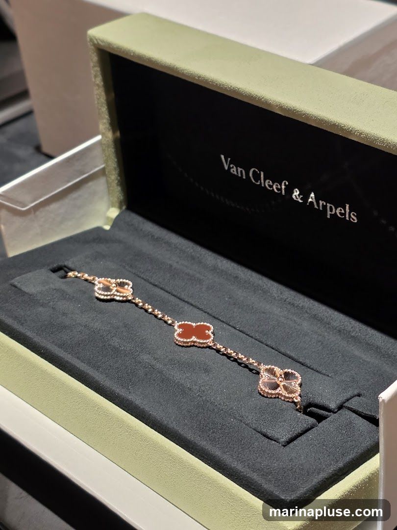 A close-up view of a Van Cleef & Arpels bracelet displayed in its branded box. The bracelet is made of rose gold and features several clover-shaped motifs, some adorned with diamonds and others with carnelian stones. The interior of the box is lined with black velvet and bears the Van Cleef & Arpels logo in silver lettering.